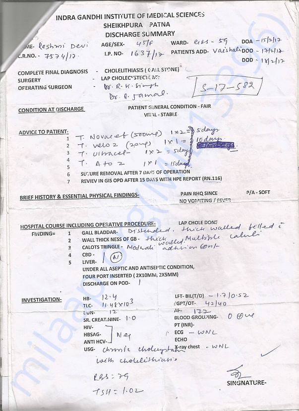 Discharge Summary After Stones Removed from Stomatch