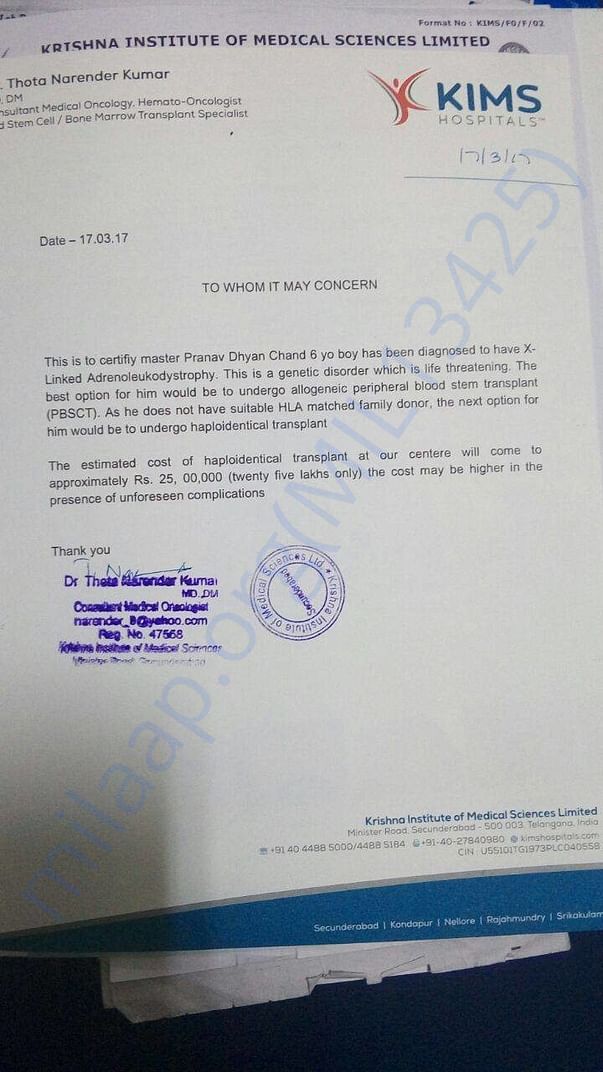 Letter from KIMS Hospital