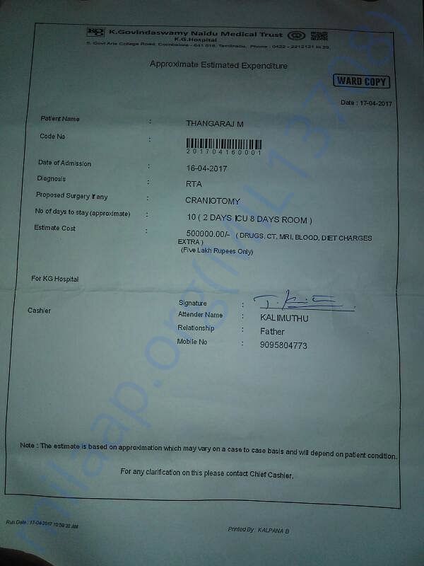 Estimated bill for the surgical operation of thangaraj