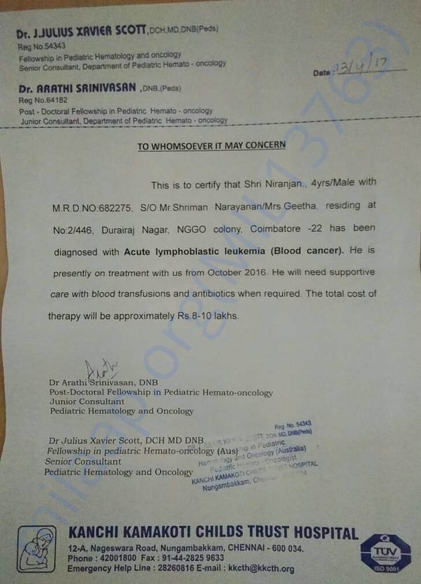 Affirmation certificate from Kanchi Kamakoti hospital, Chennai