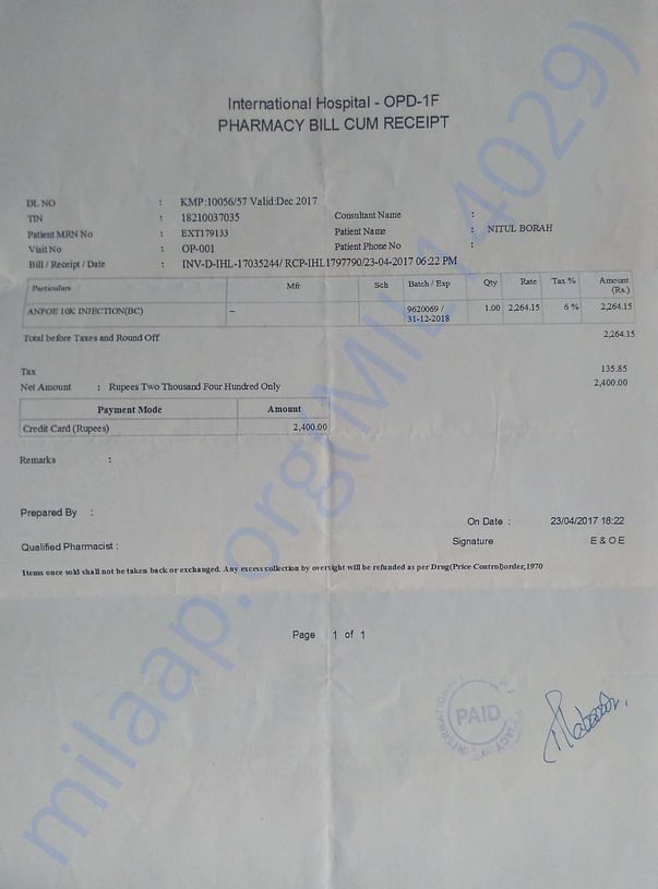Injection Bill Per Week
