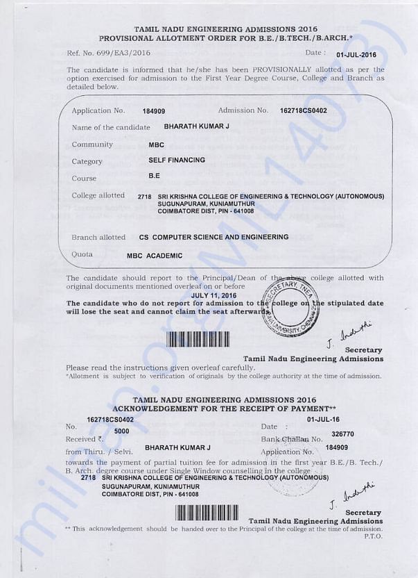 Admission form , Mr.J Bharath Kumar
