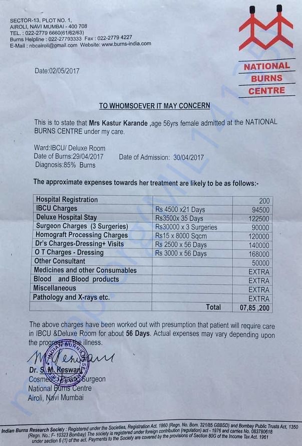 ESTIMATE GIVEN BY THE HOSPITAL