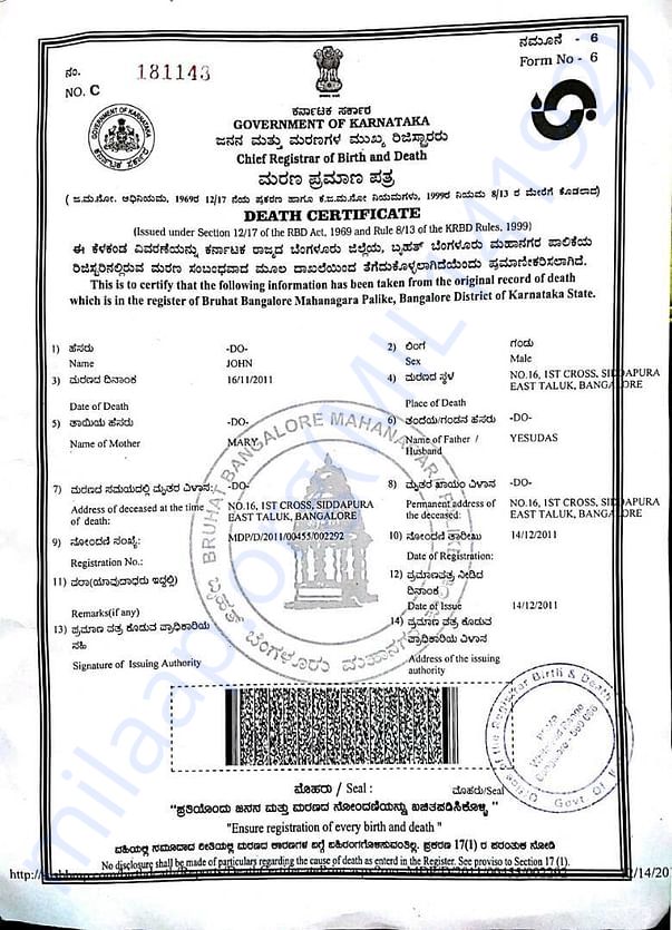 Husband's death certificate