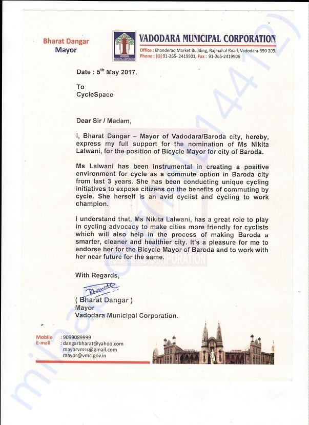 Endorsement letter by Mayor of Baroda, Mr. Bharat Dangar