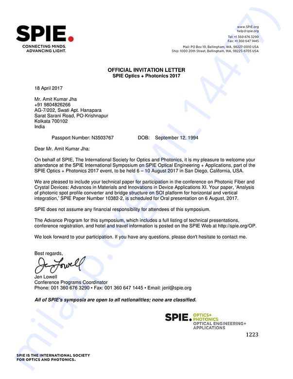 Invitation letter from the conference organizer: SPIE