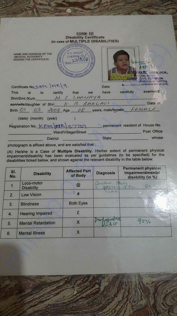 Multiple disabilities certificate issued by the Government