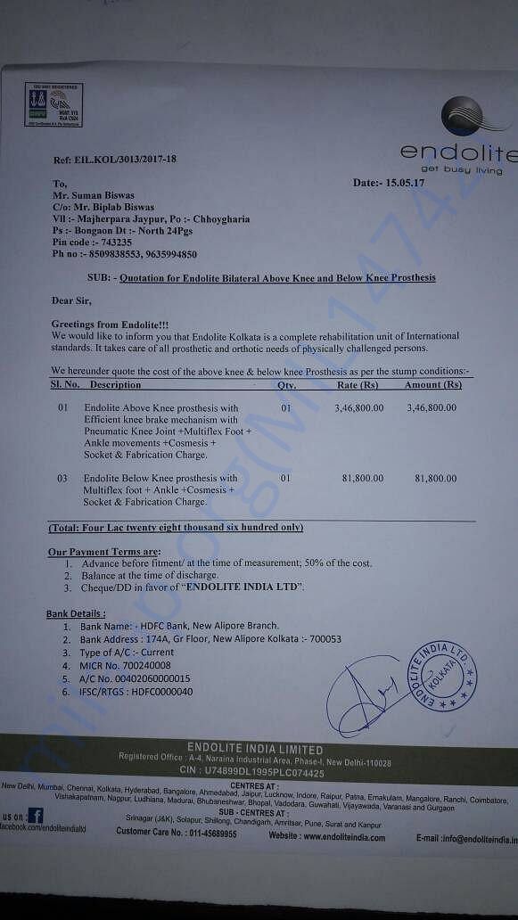 Estimate for His Artificial Limbs
