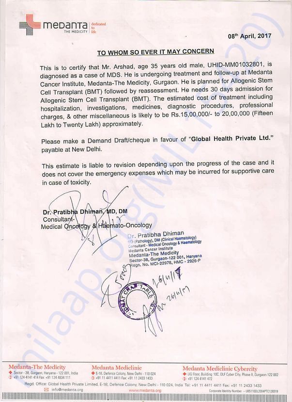 Medical Estimate For the Bone Marrow Transplant by treating Doctor