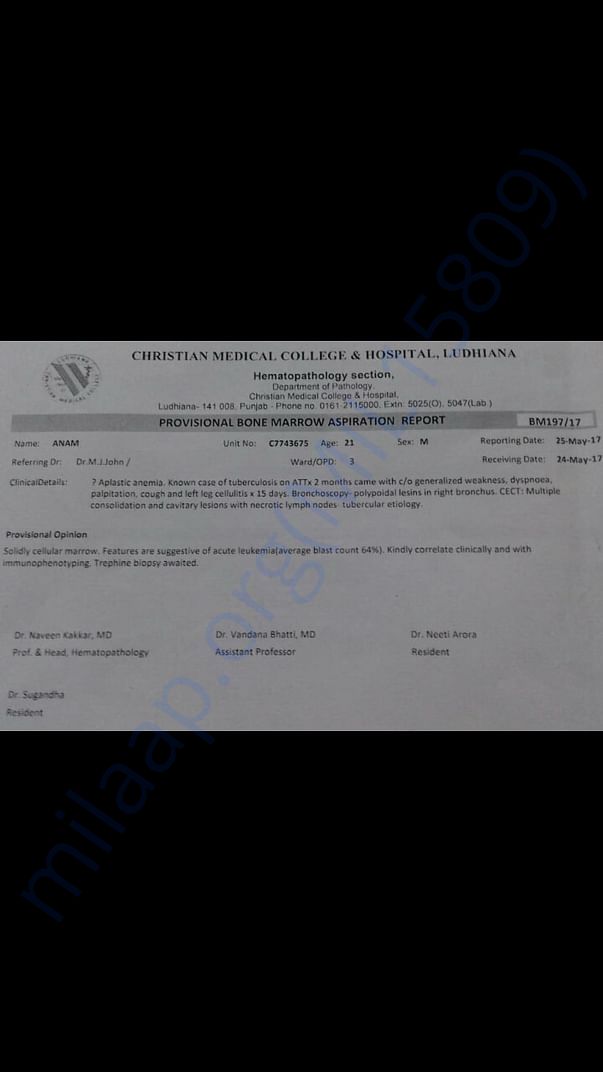 diagnosed with leukemia(BloodCancer), CMC hospital Ludhiana, Punjab.