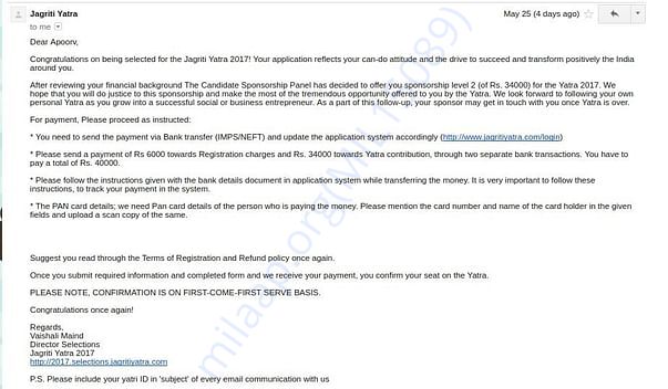 The Acceptance Mail By The Jagriti Yatra