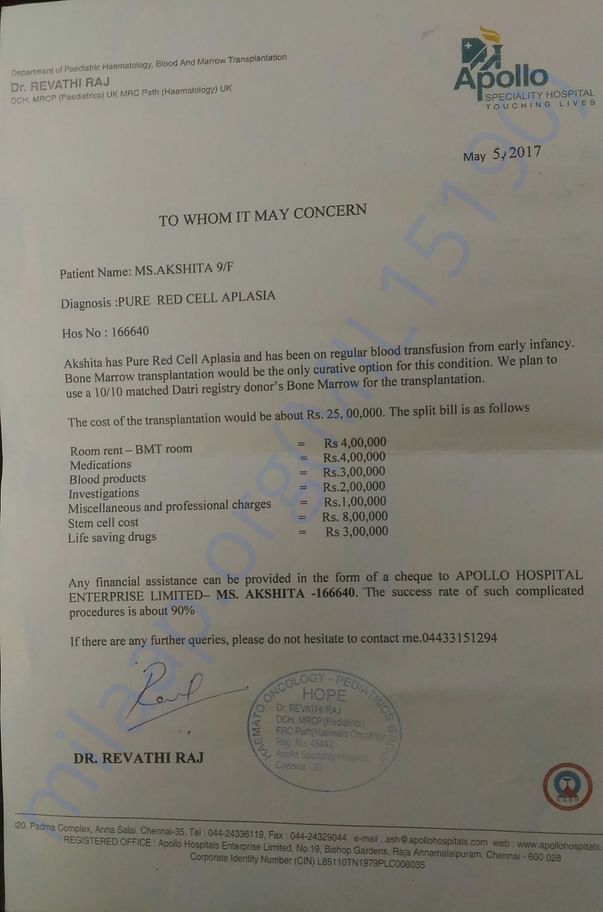 bone marrow transplantation treatment expenses letter