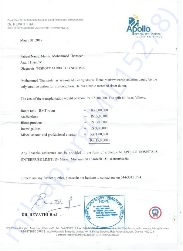 doctor's and hospital's (Appollo Chennai) estimate letter