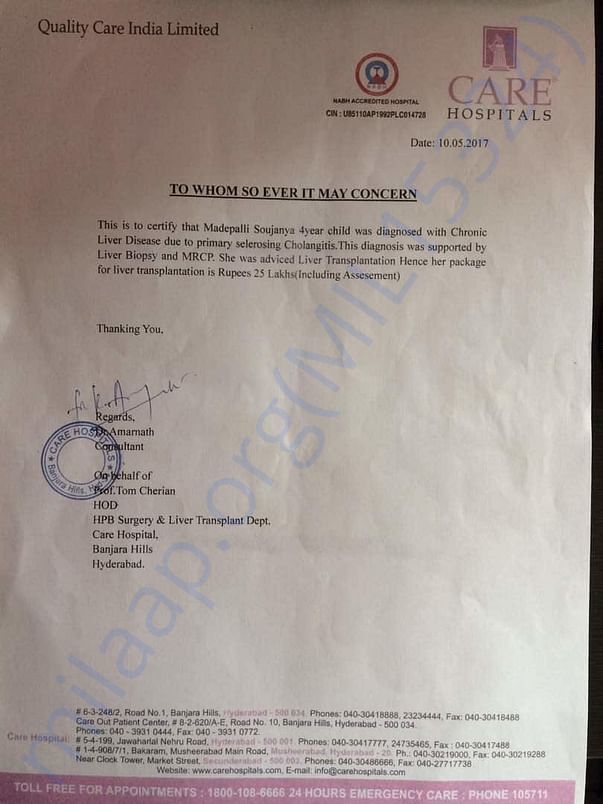 Estimatoi letter from Care Hospitals