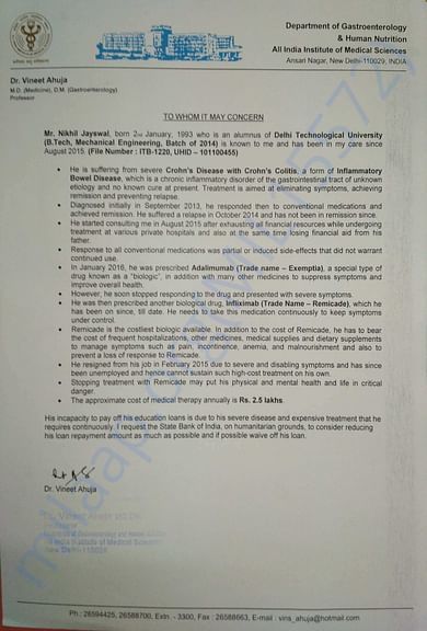 Letter from doctor detailing my medical and financial condition to SBI