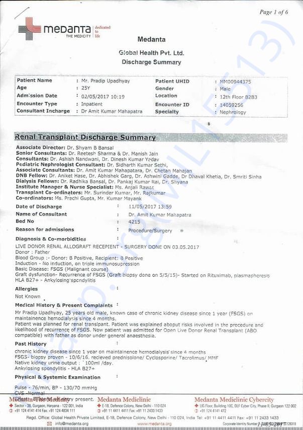 recent report advising a renal transplant