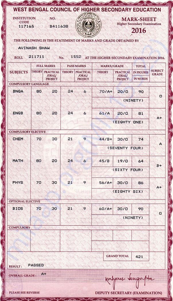 Higher Secondary Marks Card