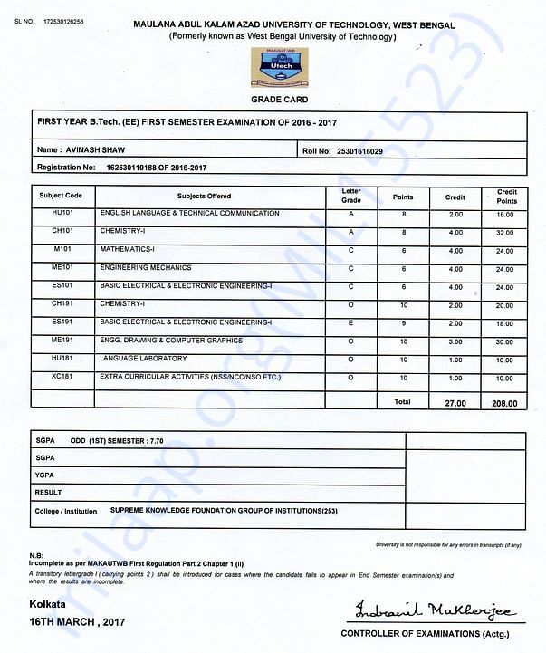 First Semester Grade Card