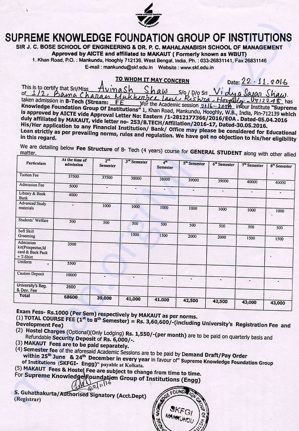 B.Tech Fee Schedule