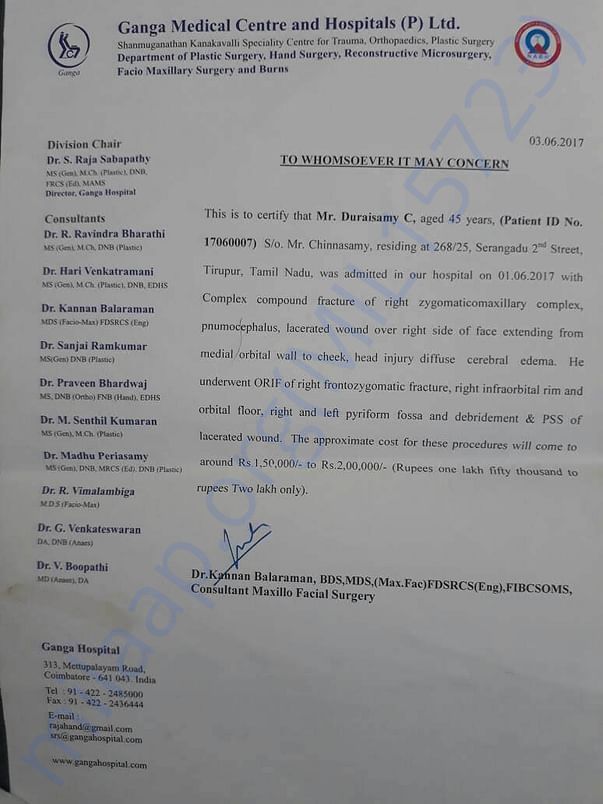 Doctor letter saying the treatment cost when admitted
