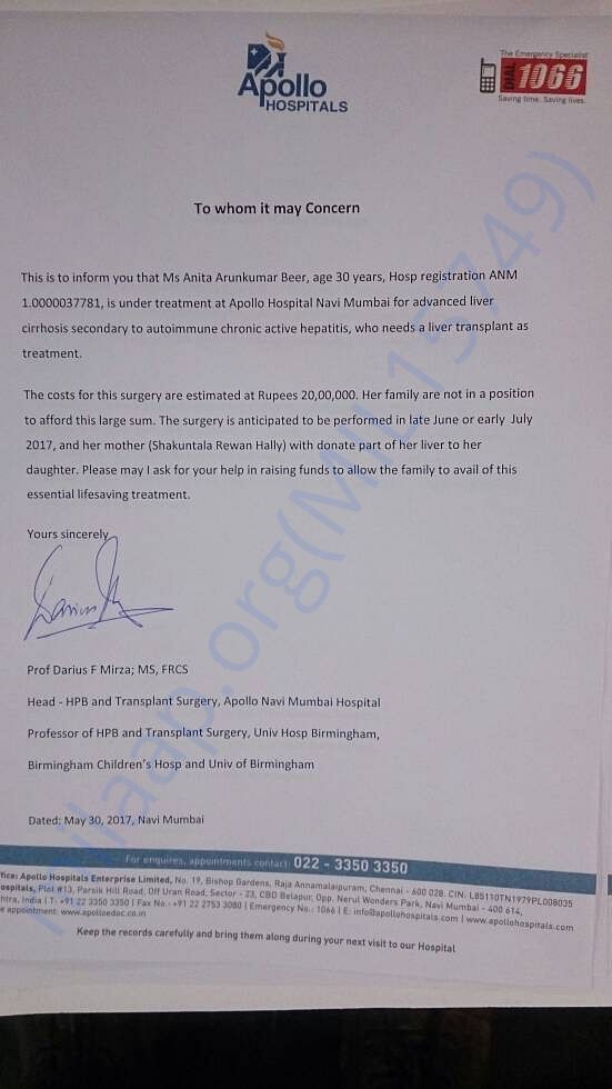 Dr Darius (Apollo Hospital) Letter for liver transplant.