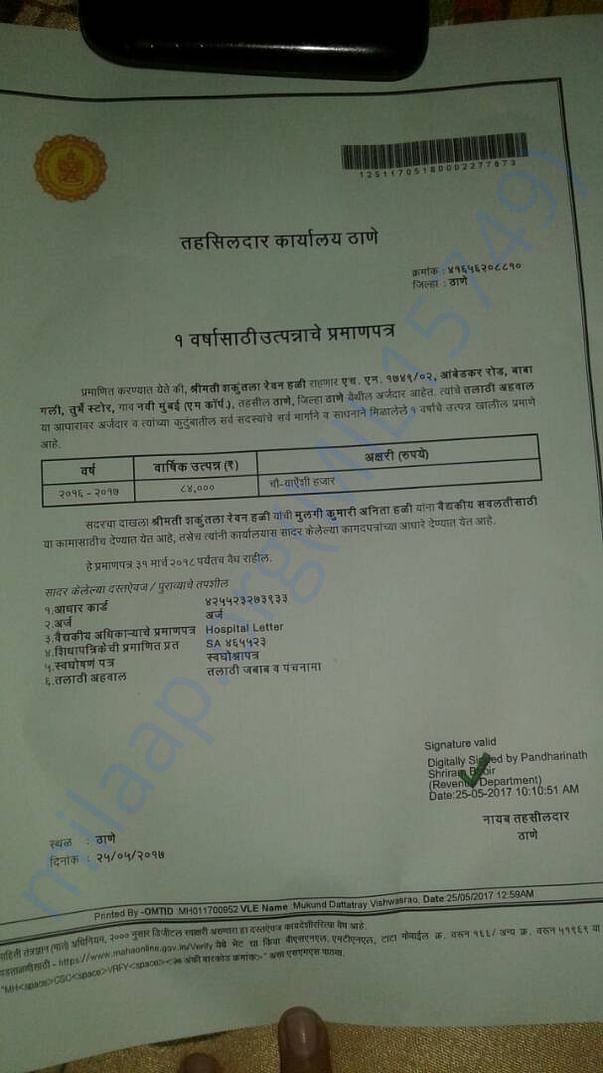 Income Certificate from Thane Tahasildar office.