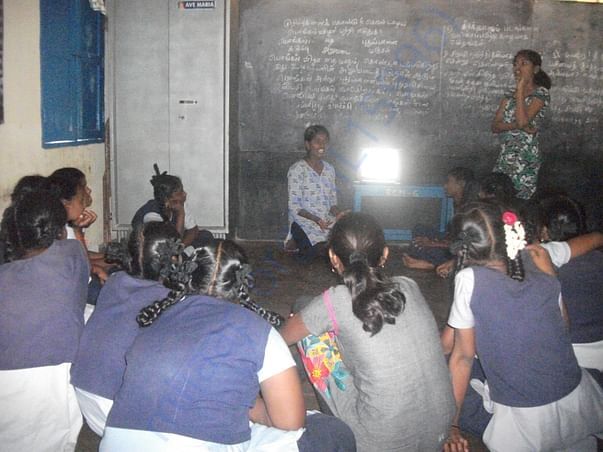 Priya and her friends are making a presentaion at a school in Vellore.