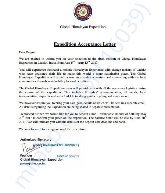 GHE Expedition Letter