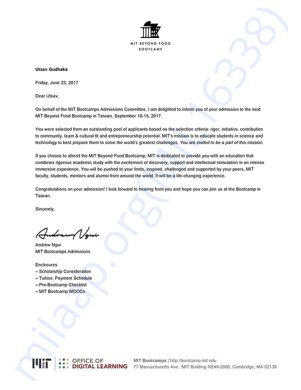 The admission letter from MIT Beyond Food Bootcamp