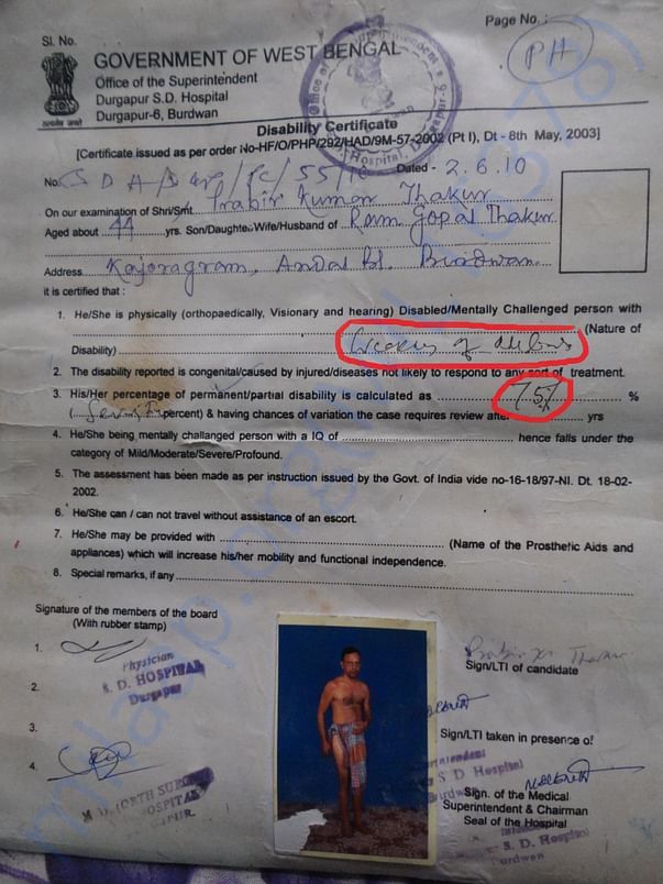 handicapped certificate with 75% disability
