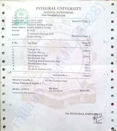 Previous year's fee reciept