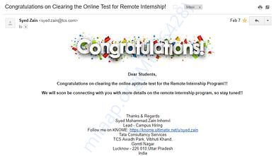 TCS Remote Internship 2.0 selection mail