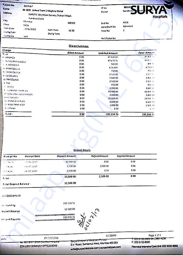Bill for twin 1 for hospitalization