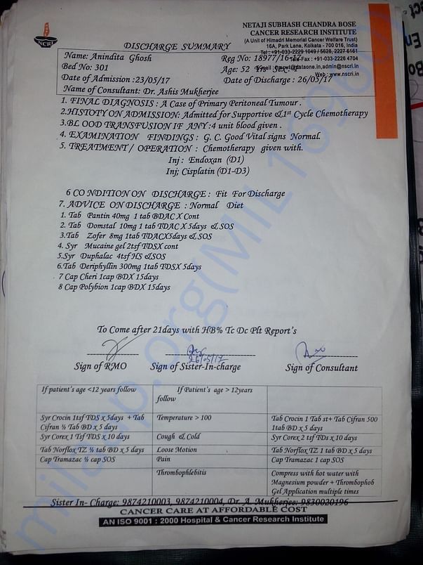 1st cycle of Chemotherapy prescription