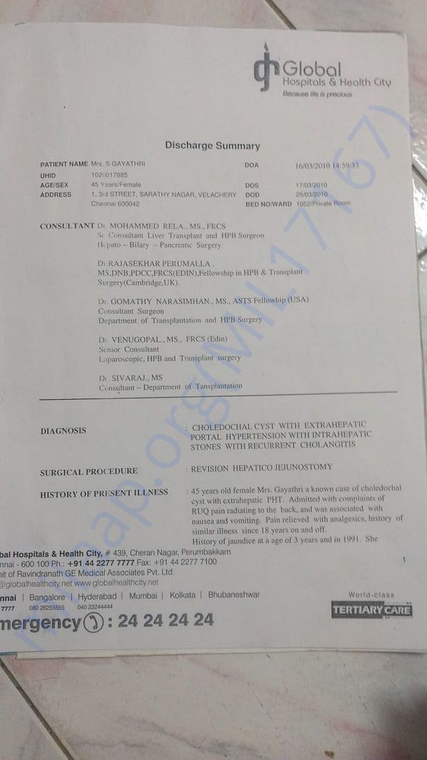 Discharge Summary from previous surgery at Global Hospital during 2010