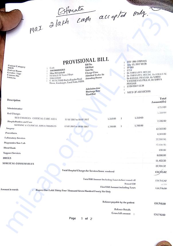 Provisional bill for eyebrow bone surgery