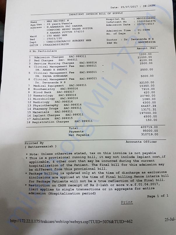 actual cost of 2 days treatment