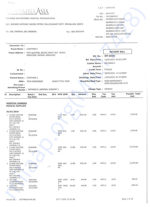 Columbia asia Hospital Bill 1page