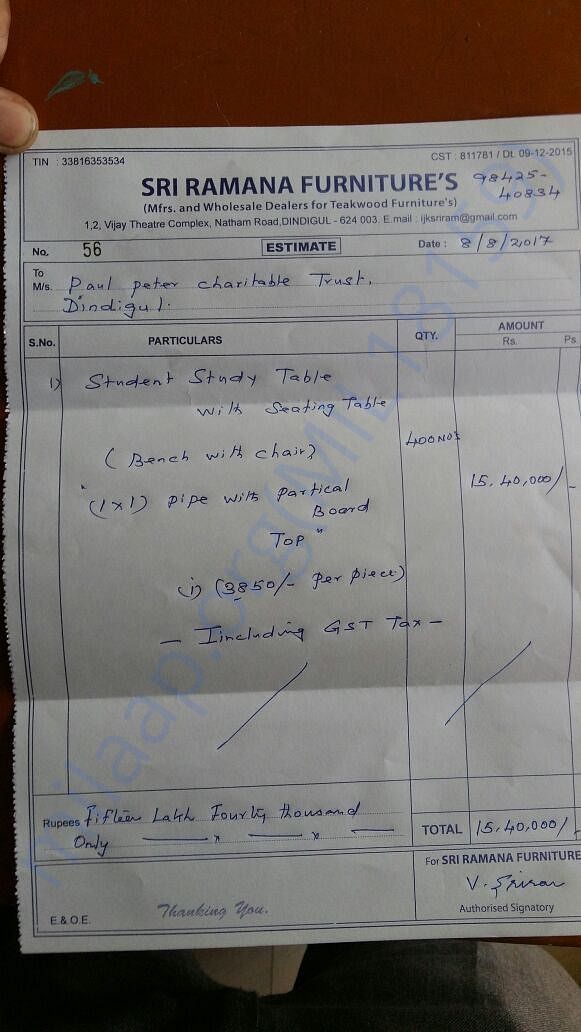Estimate for the Classroom Furniture