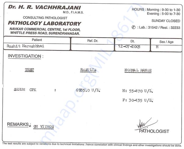 First Diagnosed by DMD (CPK Blood Test Report)