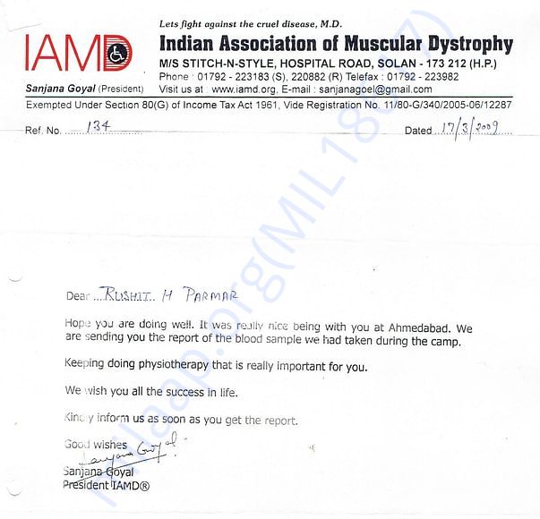 Letter of Association with Indian Association of Muscular Dystrophy, S