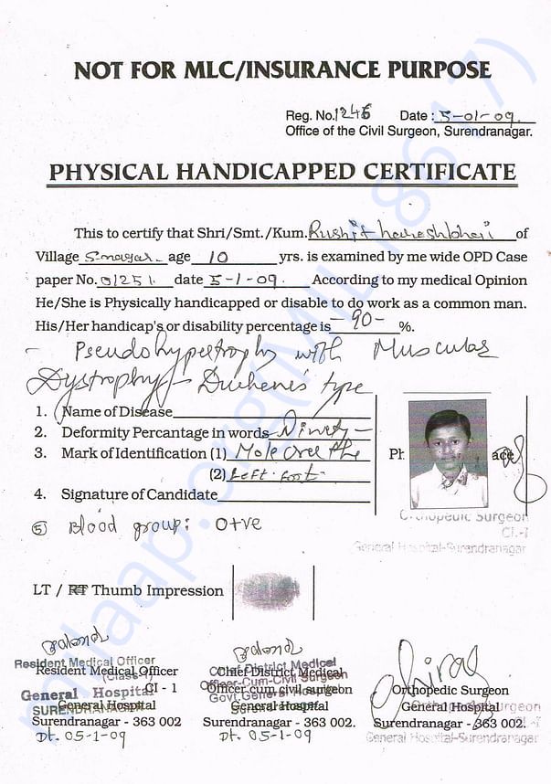 Physical Handicapped Certificate by Government General Hospital