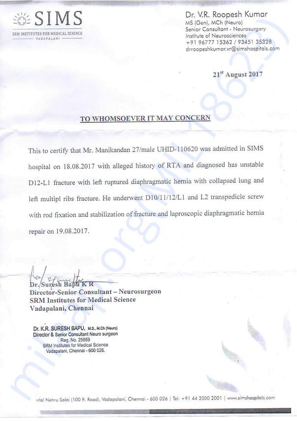 Medical Certificate from SIMS hospital