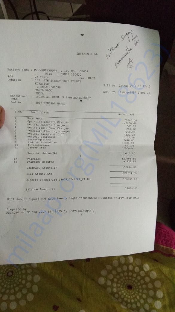 Receipt for advance payment and ICU expenses