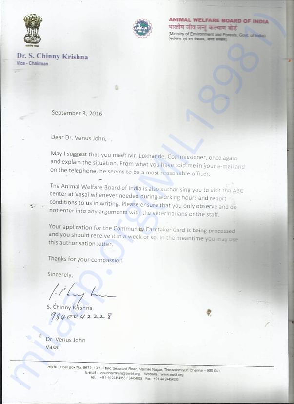 letter from animal welfare board to me last year